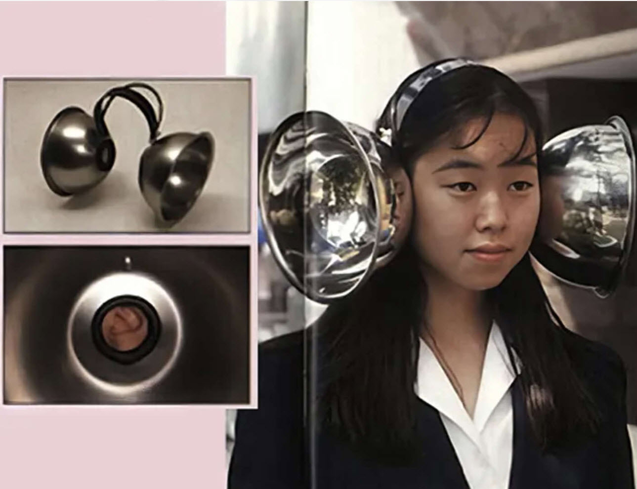 Woman wearing headphones made of metal bowls.